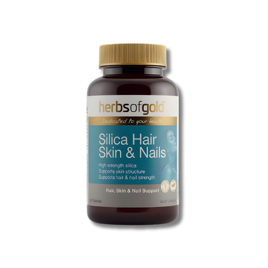 Herbs of Gold Silica Hair, Skin & Nails supplement bottle on a white background