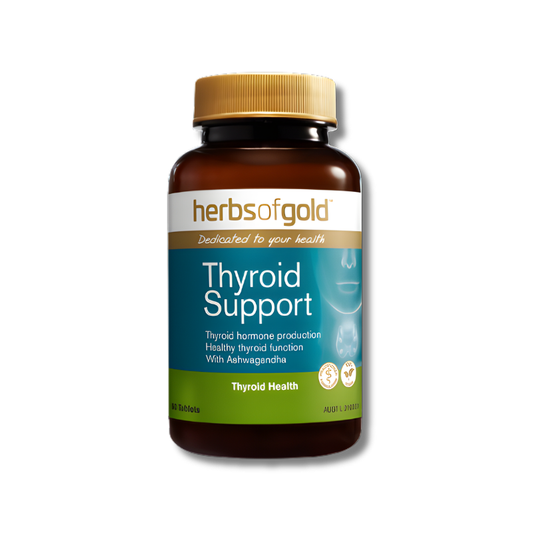 Herbs of Gold Thyroid Support supplement bottle on a white background