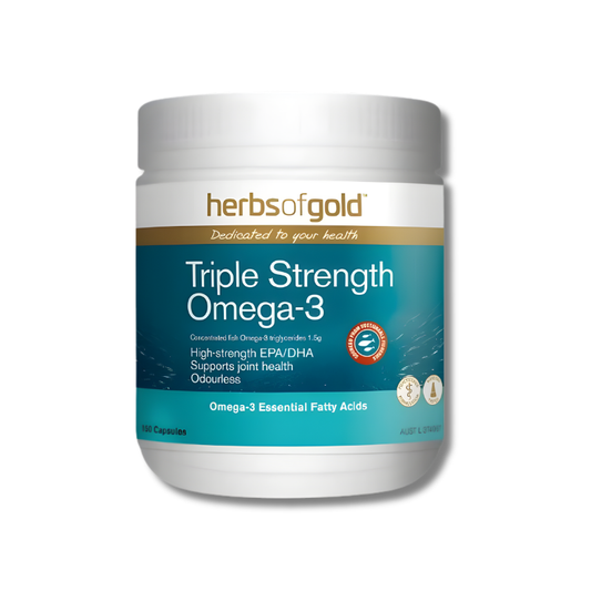 Herbs of Gold Triple Strength Omega-3 supplement container on a white background