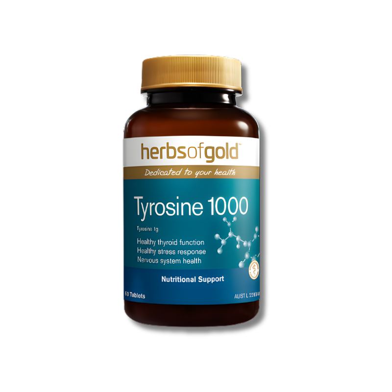 Herbs of Gold Tyrosine 1000 supplement bottle on a white background