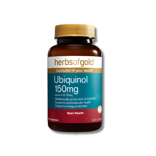 Herbs of Gold Ubiquinol 150mg supplement bottle on a white background