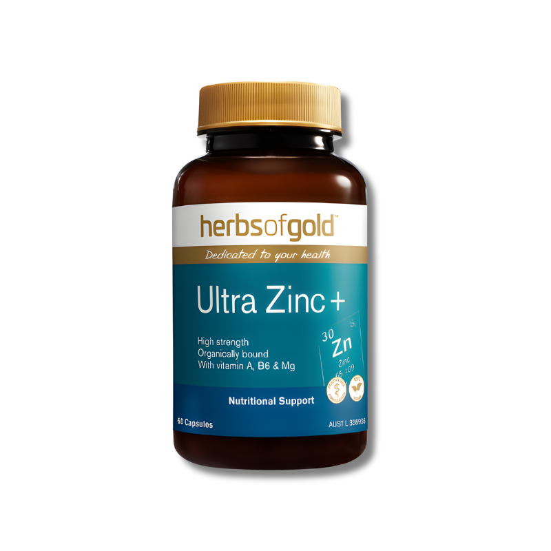 Herbs of Gold Ultra Zinc+ supplement bottle on a white background