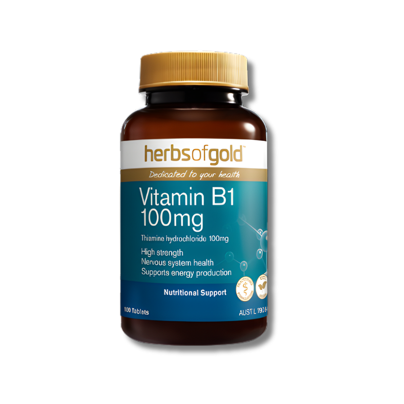 Herbs of Gold Vitamin B1 100mg supplement bottle on a white background