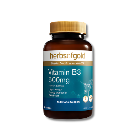 Herbs of Gold Vitamin B3 500mg tablets for energy production and skin health support