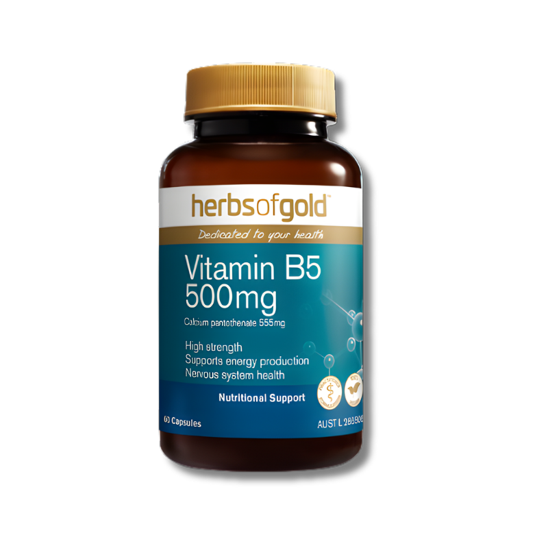 Herbs of Gold Vitamin B5 500mg supplement bottle on a white background