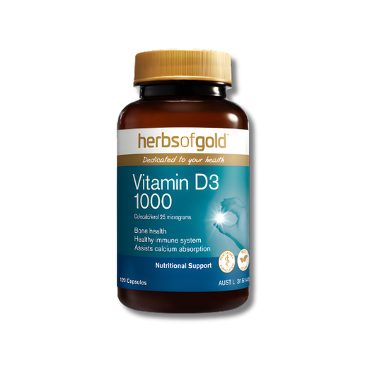 Herbs of Gold Vitamin D3 1000 supplement bottle on a white background