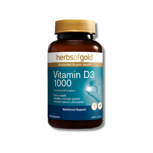 Herbs of Gold Vitamin D3 1000 supplement bottle on a white background
