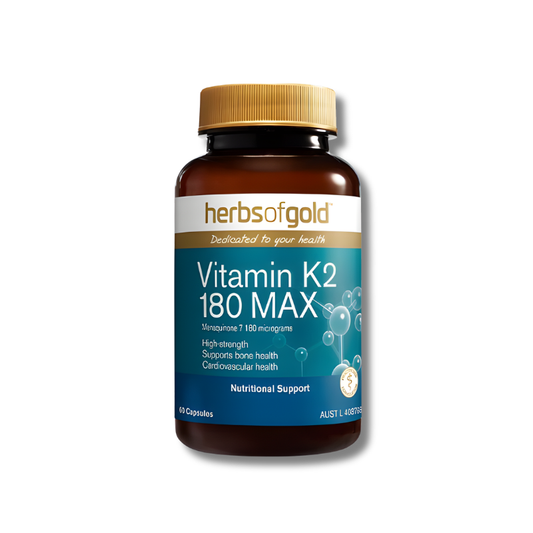 Herbs of Gold Vitamin K2 180 MAX supplement bottle on a white background