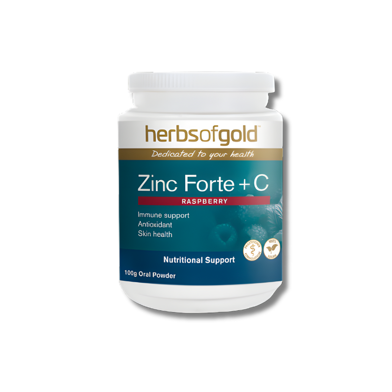 Herb of Gold Zinc Forte + C supplement bottle on a white background