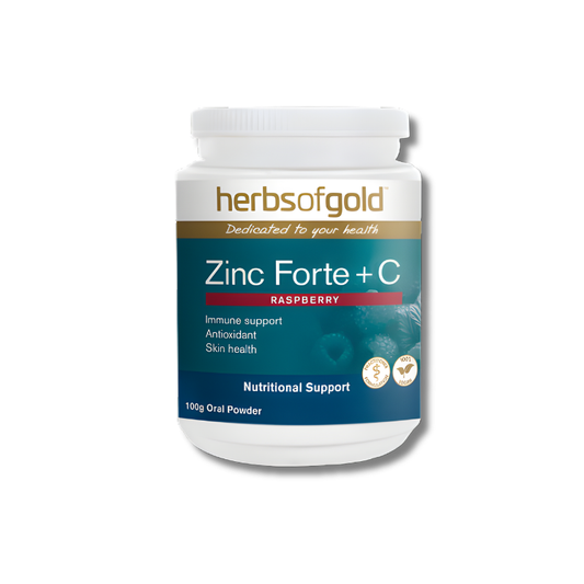 Herb of Gold Zinc Forte + C supplement bottle on a white background