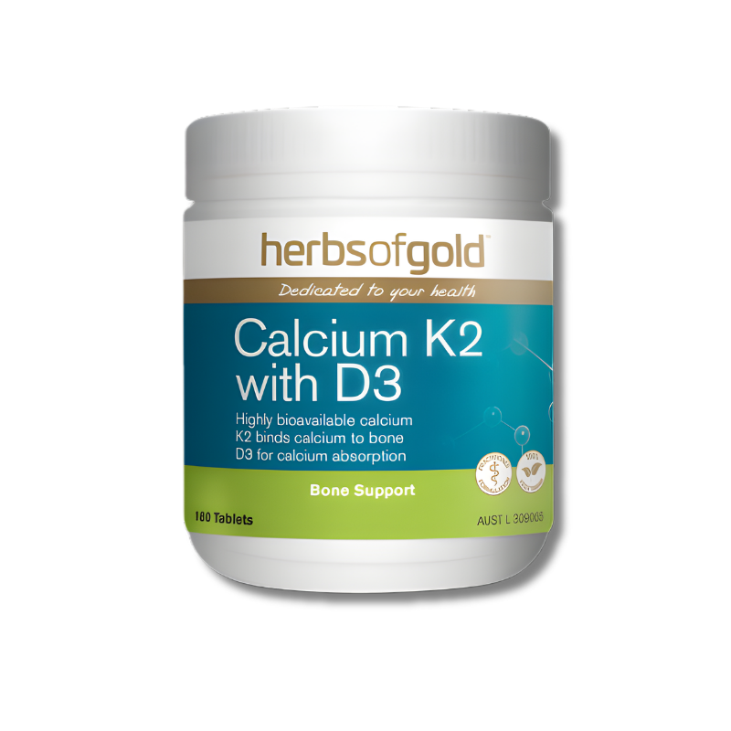 Herbs of Gold Calcium K2 with D3 180 tablets supports bone health as a calcium and vitamin D supplement.