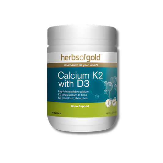 Herbs of Gold Calcium K2 with D3 90 tablets supports bone health as a calcium and vitamin D supplement.