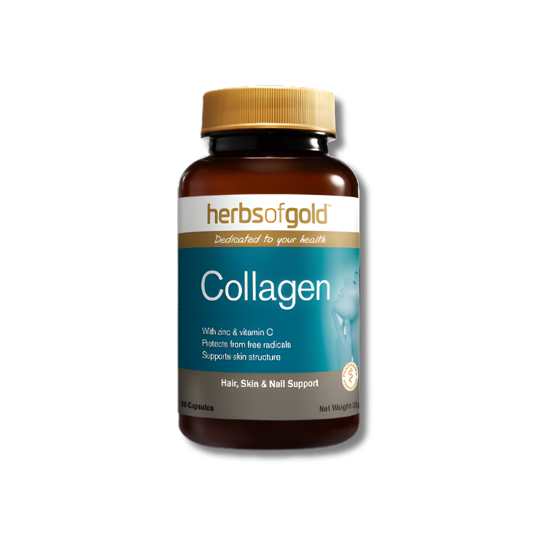 Herbs of Gold Collagen capsules support skin health as a collagen supplement.