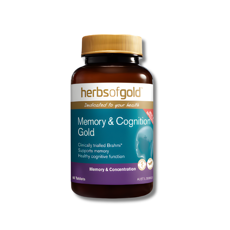 Herbs of Gold Memory & Cognition Gold supplement bottle on a white background