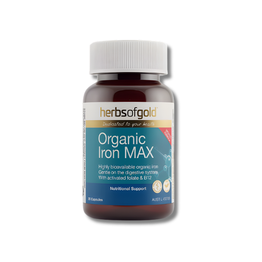 Herbs of Gold Organic Iron Max supplement bottle on a white background