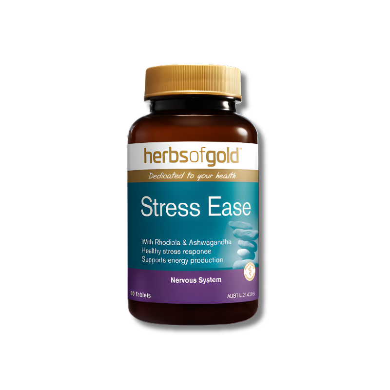 Herbs of Gold Stress Ease supplement bottle on a white background
