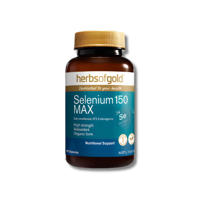 Herbs of Gold Selenium 150 Max supplement bottle on a white background