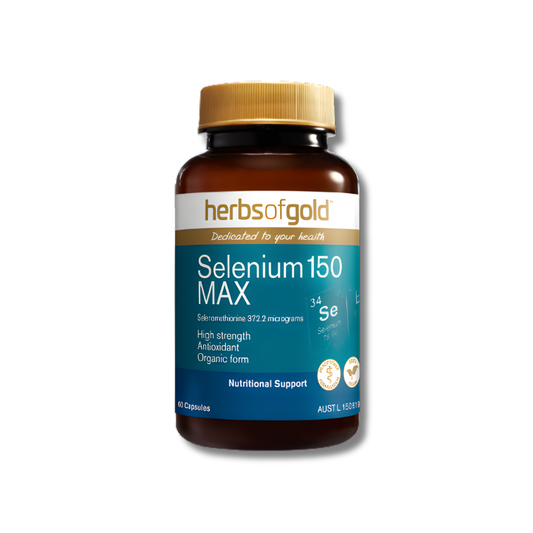 Herbs of Gold Selenium 150 Max supplement bottle on a white background