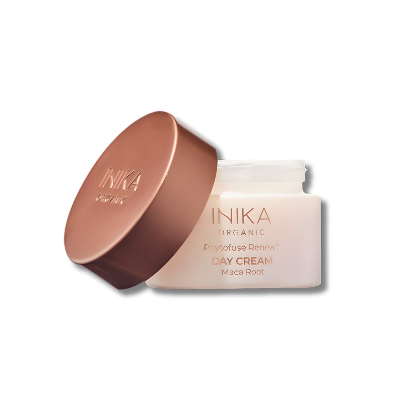 INIKA Organic Phytofuse Renew Day Cream jar with lid and maca root