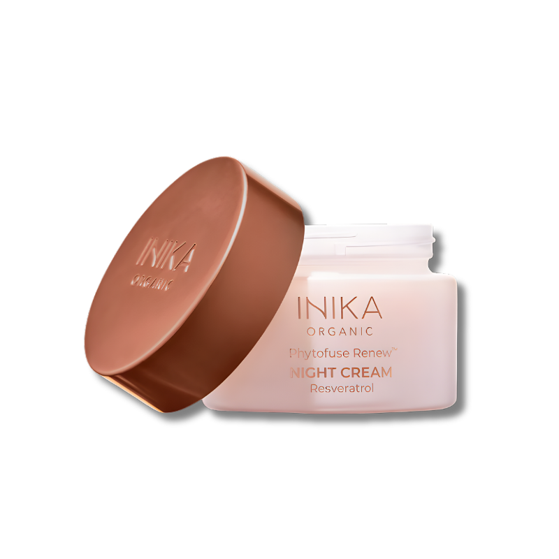 INIKA Organic Phytofuse Renew Night Cream jar with lid and resveratrol