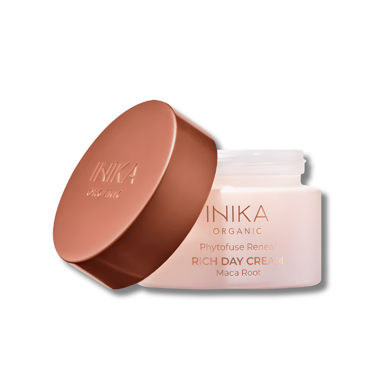 INIKA Organic Phytofuse Renew Rich Day Cream jar with lid and maca root