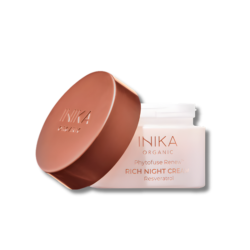 INIKA Organic Phytofuse Renew Rich Night Cream jar with lid and resveratrol