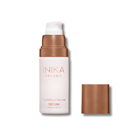 INIKA Organic Phytofuse Renew Serum bottle with pump and resveratrol