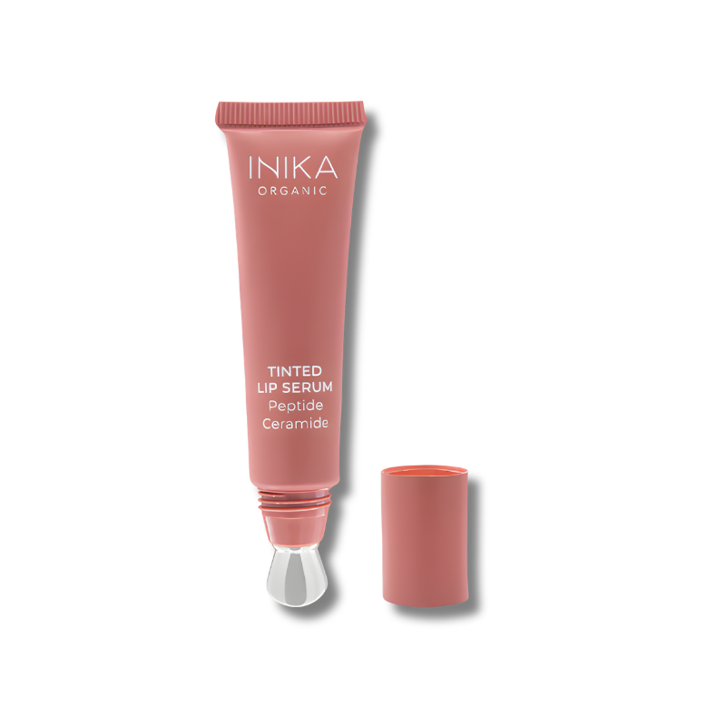 INIKA Organic Tinted Lip Serum in Peony shade with hydrating glossy finish