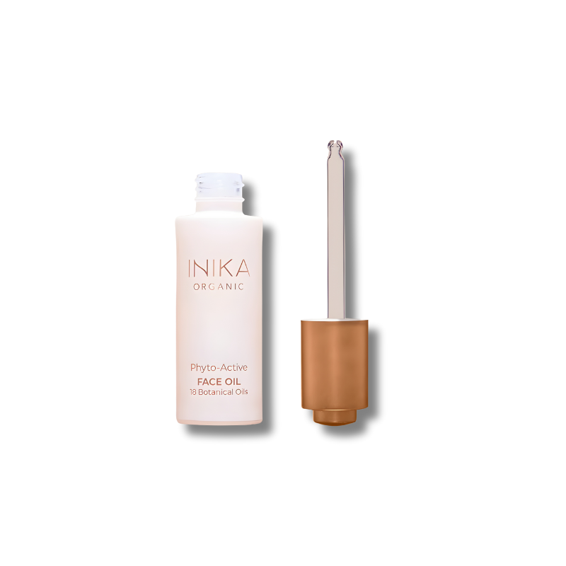 INIKA Organic Phyto-Active Face Oil with dropper on a white background