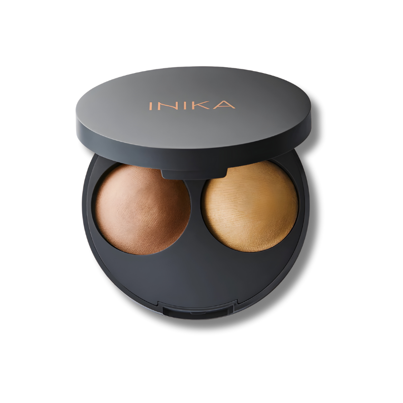 INIKA Baked Contour Duo 8g for facial contouring and defining features as part of a makeup routine.