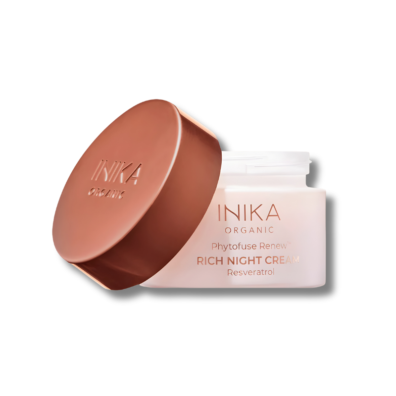 INIKA Phytofuse Renew Rich Night Cream 50ml helps maintain skin hydration overnight as part of a skincare routine.