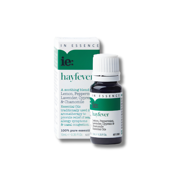 A bottle of i:Essence hayfever essential oil next to its white and green retail box, on a clean white background.