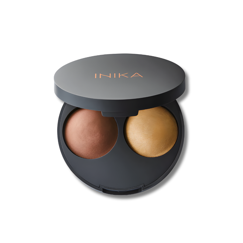 INIKA Organic Baked Contour Duo Teak with warm contour and highlight shades in a compact for sculpting and defining features