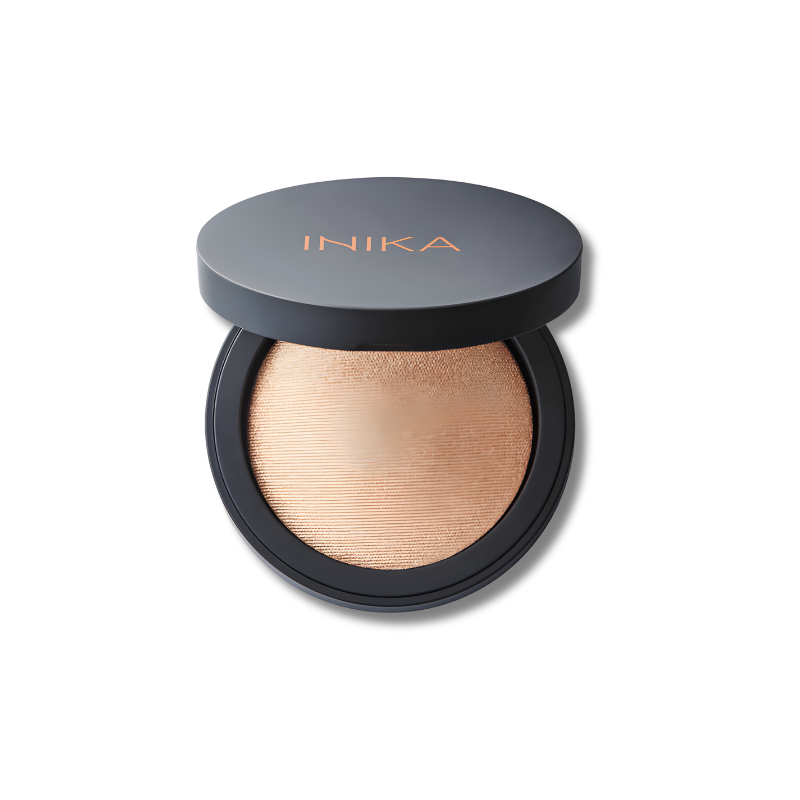 INIKA Organic Baked Mineral Illuminiser compacts in multiple shades with light-reflecting finish for highlighting skin