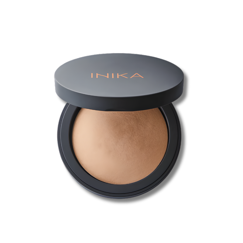 INIKA Organic Baked Mineral Foundation pressed powder compact in a warm shade for smooth, even coverage