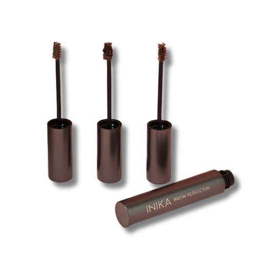 INIKA Organic Brow Perfector tinted brow gel with fibre brush applicators in multiple shades for fuller, defined brows