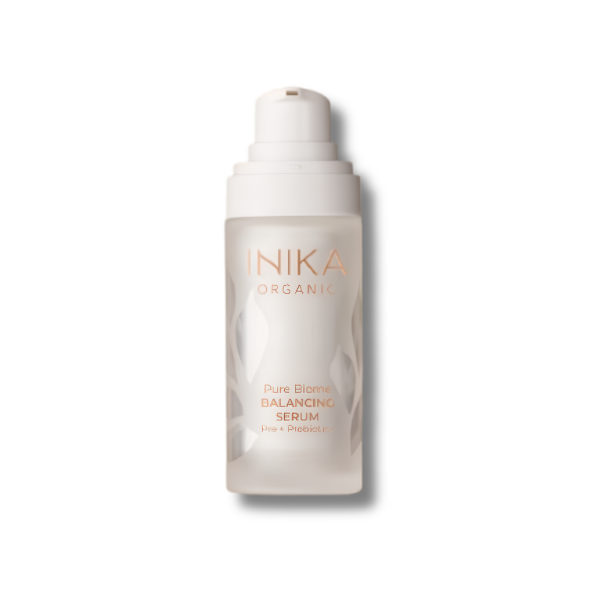 A white pump bottle of INIKA Organic Pure Biome Balancing Serum, shown against a clean white background with a soft drop shadow.