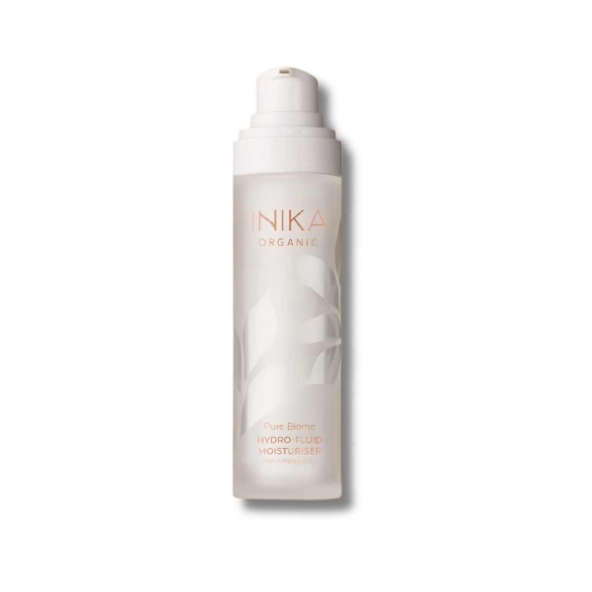 A white cylindrical pump bottle of INIKA Organic Pure Blemish Hydro Fluid Moisturizer, featuring a minimalist design with a white cap and subtle rose gold lettering, set against a plain white background.