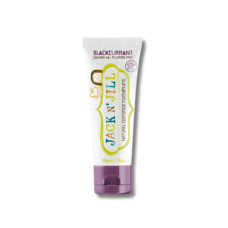A squeeze tube of Jack 'N Jill children's toothpaste, flavour 'Blackcurrant', on a clean white background. The tube is white with a purple cap and features the brand's green and orange logo.
