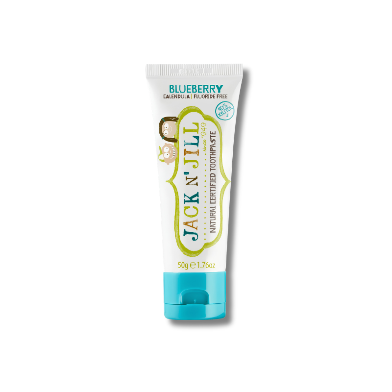 A 50g tube of Jack N' Jill Blueberry Natural Labeled Toothpaste, featuring a white tube with a turquoise cap and a green and white label.