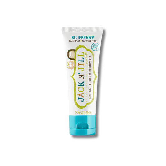 A 50g tube of Jack N' Jill Blueberry Natural Labeled Toothpaste, featuring a white tube with a turquoise cap and a green and white label.