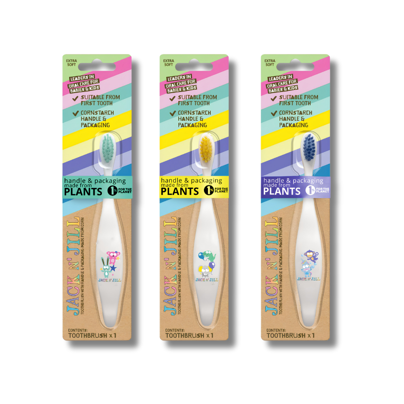 Three packaged Jack of Jill kids' toothbrushes on a plain white background, each in different pastel colorways: pink/green, yellow/green, and blue/green.