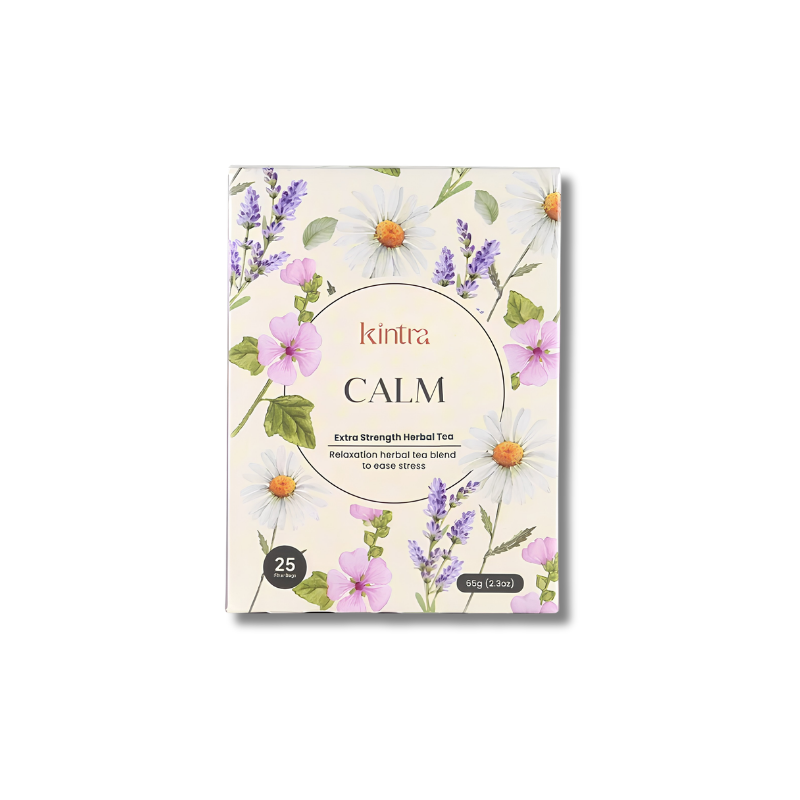 Kintra Calm Extra Strength Herbal Tea packaging box, featuring a cream-colored background decorated with watercolor illustrations of pink flowers, white daisies, and purple lavender.