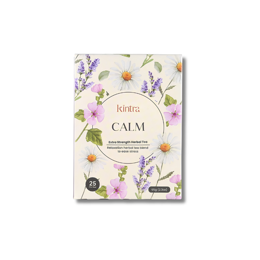 Kintra Calm Extra Strength Herbal Tea packaging box, featuring a cream-colored background decorated with watercolor illustrations of pink flowers, white daisies, and purple lavender.