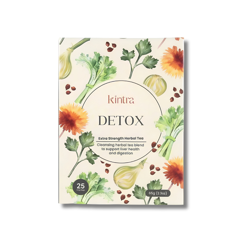 A box of kintra Detox Extra Strength Herbal Tea, featuring an illustrated cream-colored background decorated with watercolor illustrations of green parsley, orange mums, and yellow squash, with the brand name 'kintra' and product name 'DETOX' in the center.