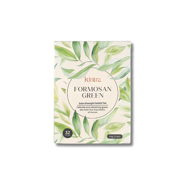 Kintra Formosan Green herbal tea box with a cream background, green leaf illustrations, and a central oval label, shown on a plain white background.