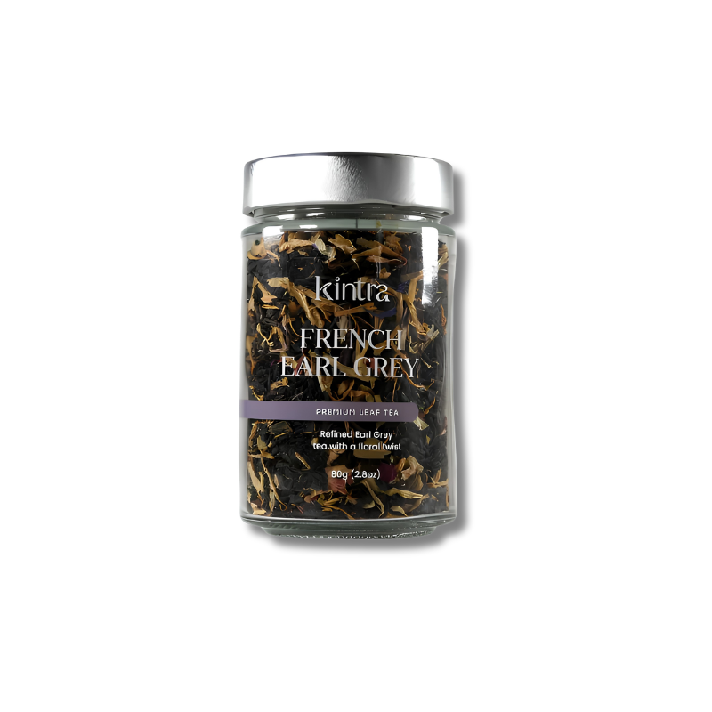 A glass jar of Kintra French Earl Grey tea with a silver lid, shown on a clean white background with a soft shadow.