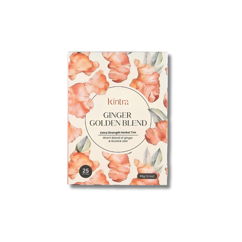 A rectangular box of Kintra Ginger Golden Blend herbal tea, featuring a cream-colored background decorated with peach and coral watercolor flowers and green leaves. The brand name 'kintra' is printed in a lowercase serif font inside a circular frame near the top of the box.