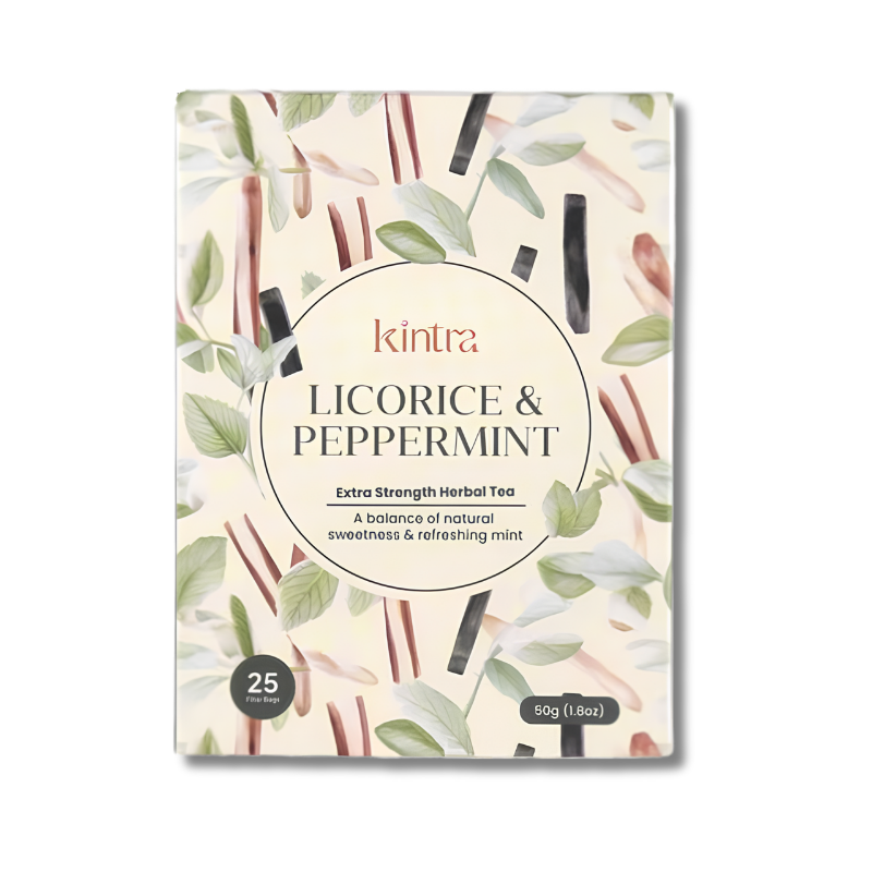 Kintra Licorice & Peppermint herbal tea box packaging, featuring a cream-colored background with botanical illustrations of licorice roots and mint leaves, and a central white circular label.