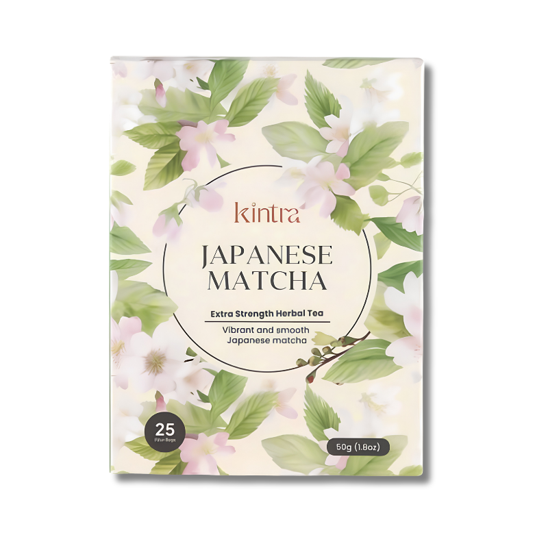 A package of Kintra Japanese Matcha herbal tea, featuring a cream-colored box decorated with watercolor illustrations of green leaves and light pink blossoms. The brand name 'kintra' is printed in a warm red font at the top of the central label.